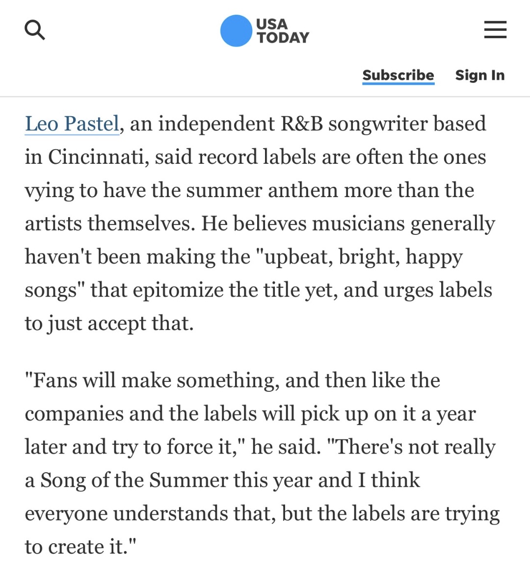 USA Today Interview about Song of the Summer